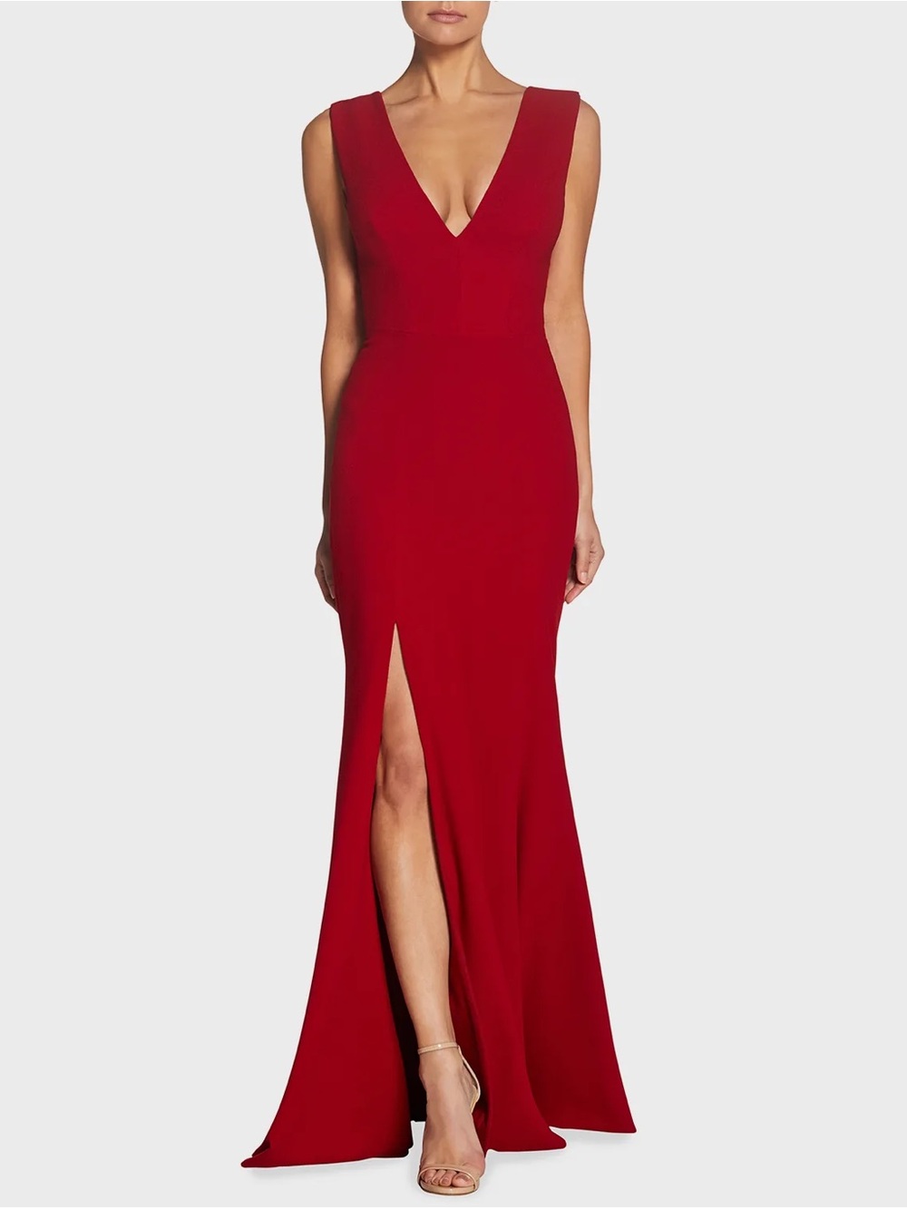 Dress the Population Deep V Red Maxi Gown with Thigh Slit